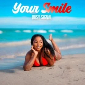 Woman in red bikini lying on a beach with "Your Smile" Busy Signal text overlay.