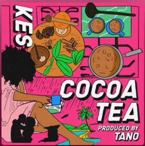 Colorful illustration with the words "KES Cocoa Tea Produced by Tano" featuring a person sitting, tropical elements, and cooking ingredients.