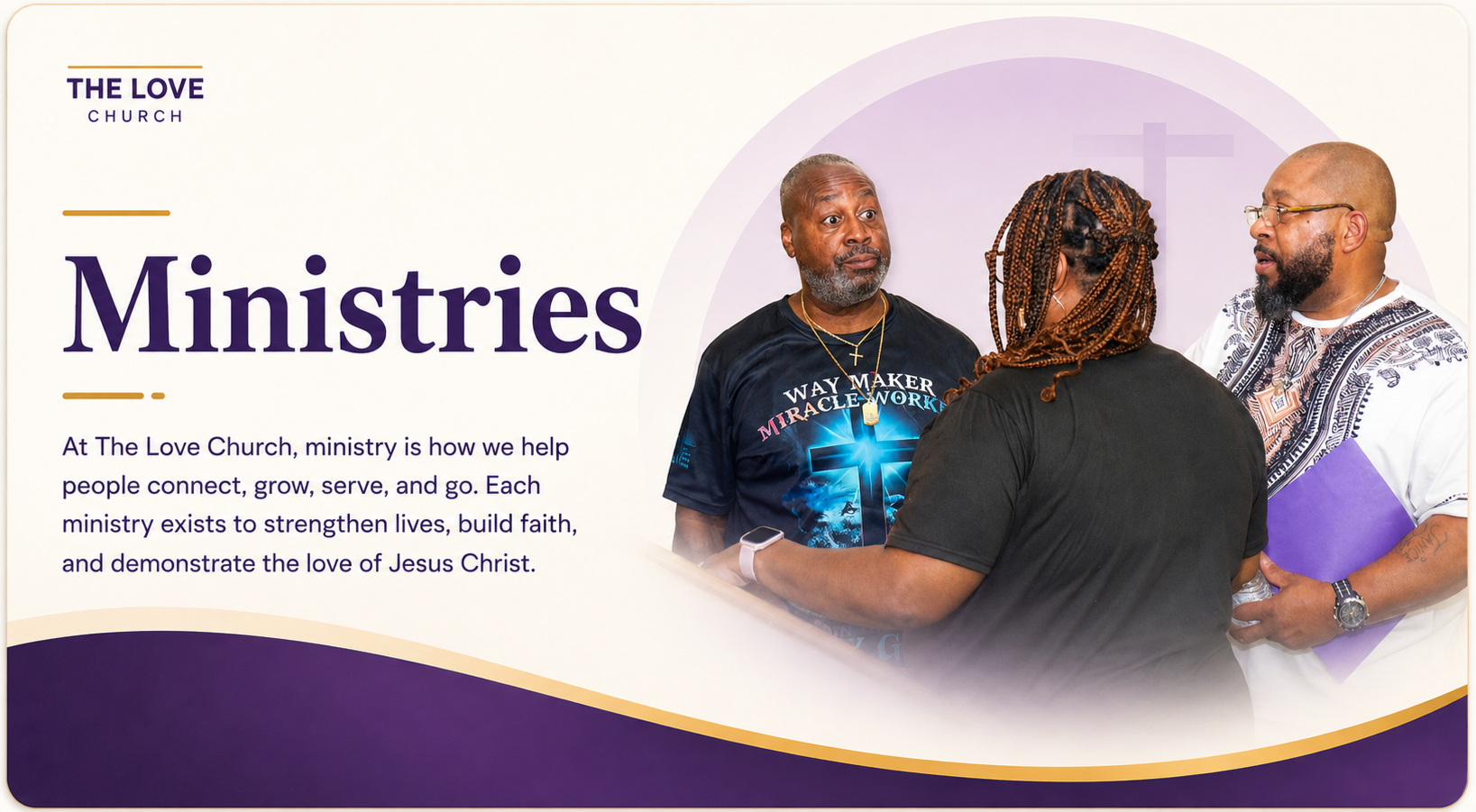 Members of The Love Church engaged in a conversation, with a background featuring church-related cross symbols. The image emphasizes the church's ministry and community connection.