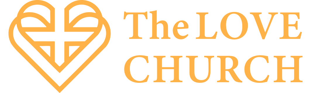 Logo of The Love Church featuring a stylized heart with a cross inside and text that reads "The LOVE CHURCH" in orange.