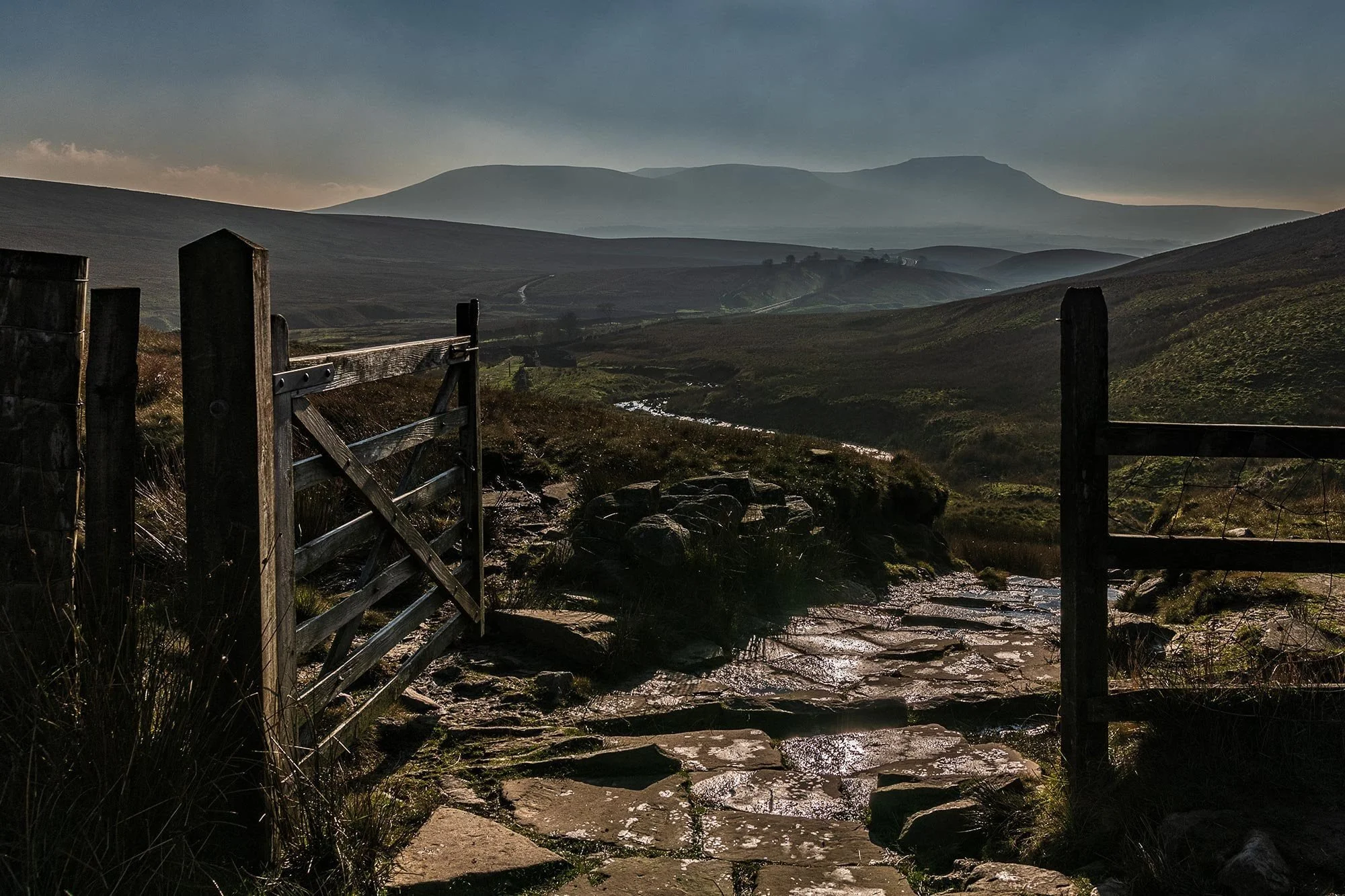 Majestic Ingleborough peak viewed from the Whernside trail in Yorkshire Dales.