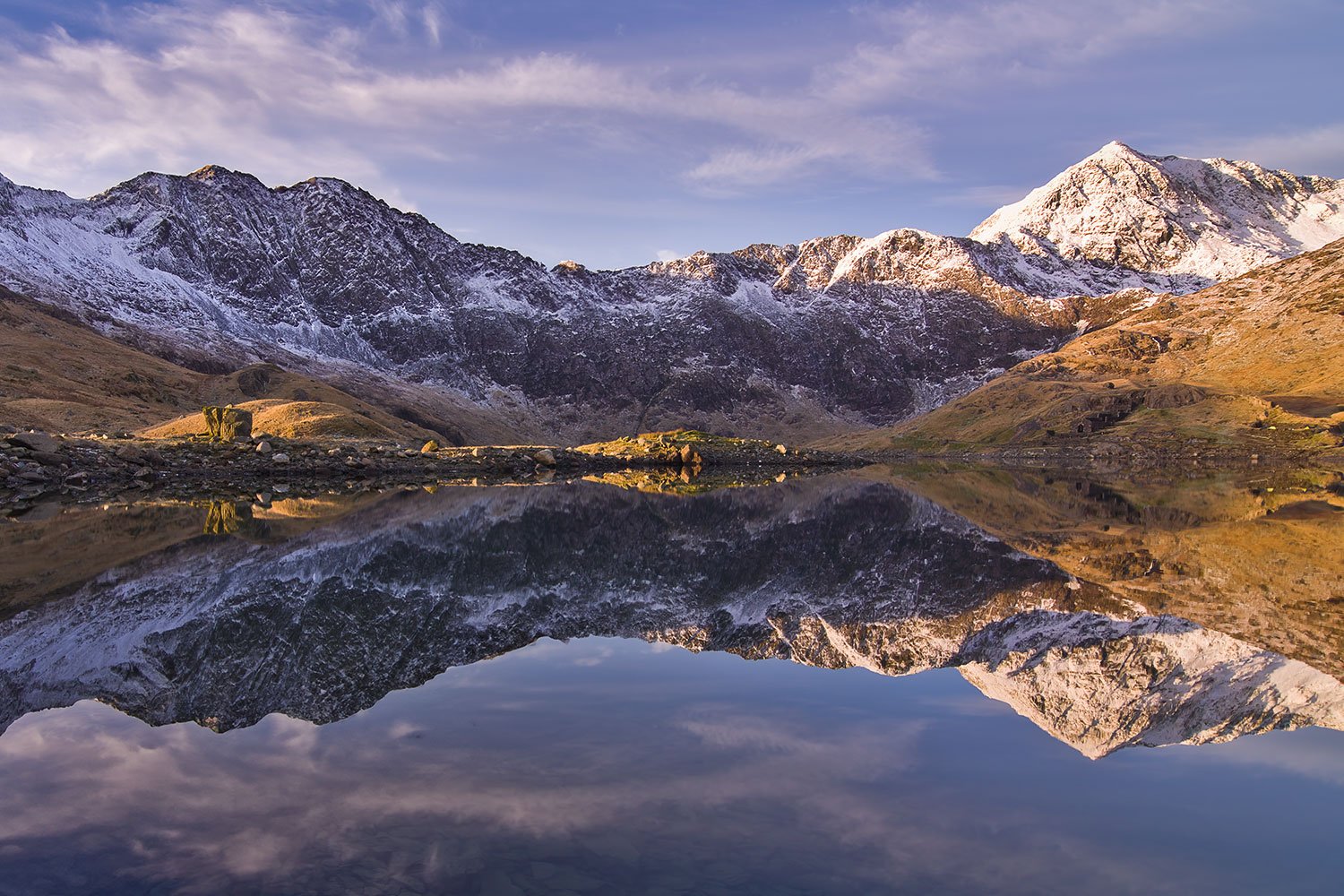 Winter reflections of Snowdon in Llyn Llydaw