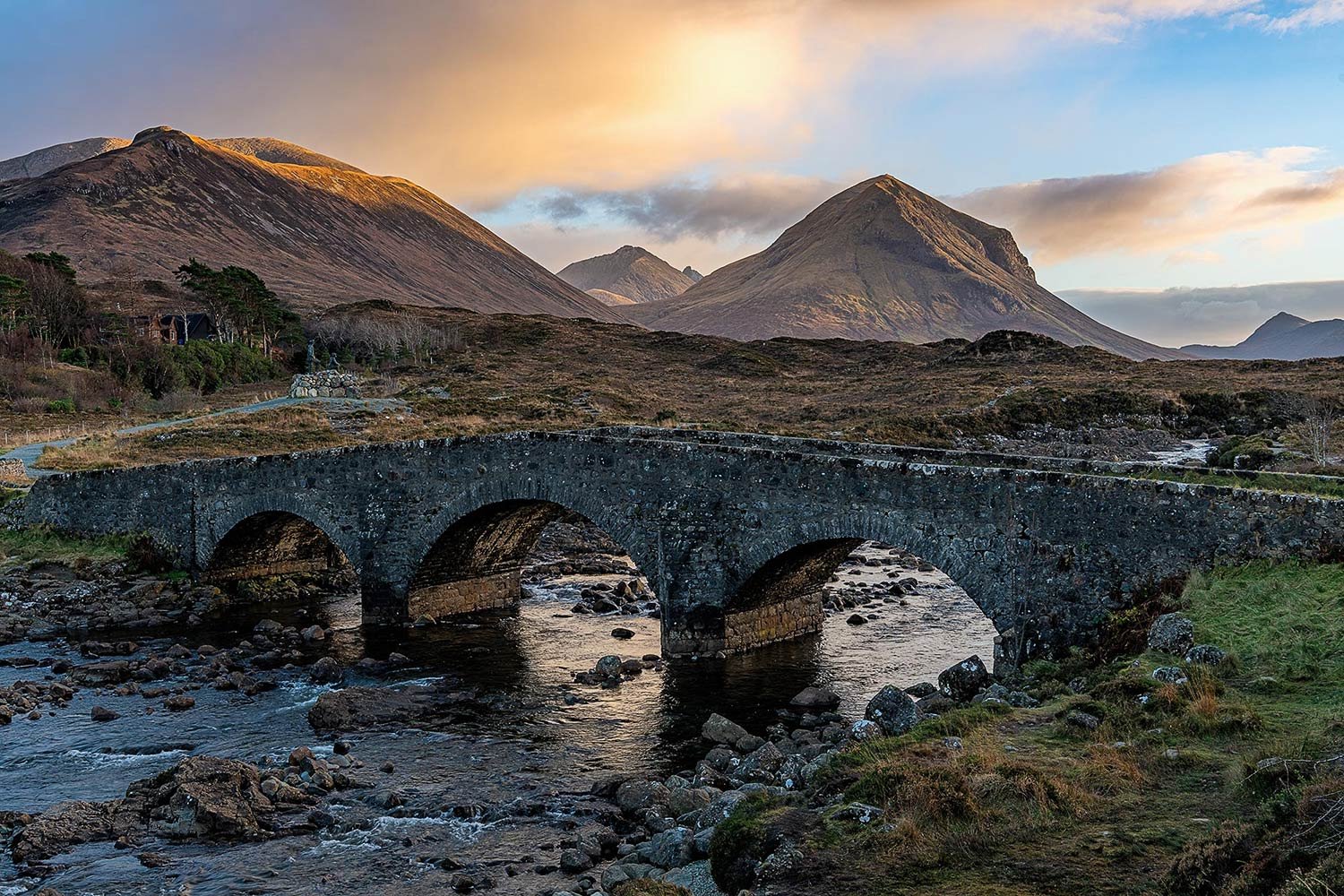 sunset at sligachan bridge on the isle of skye