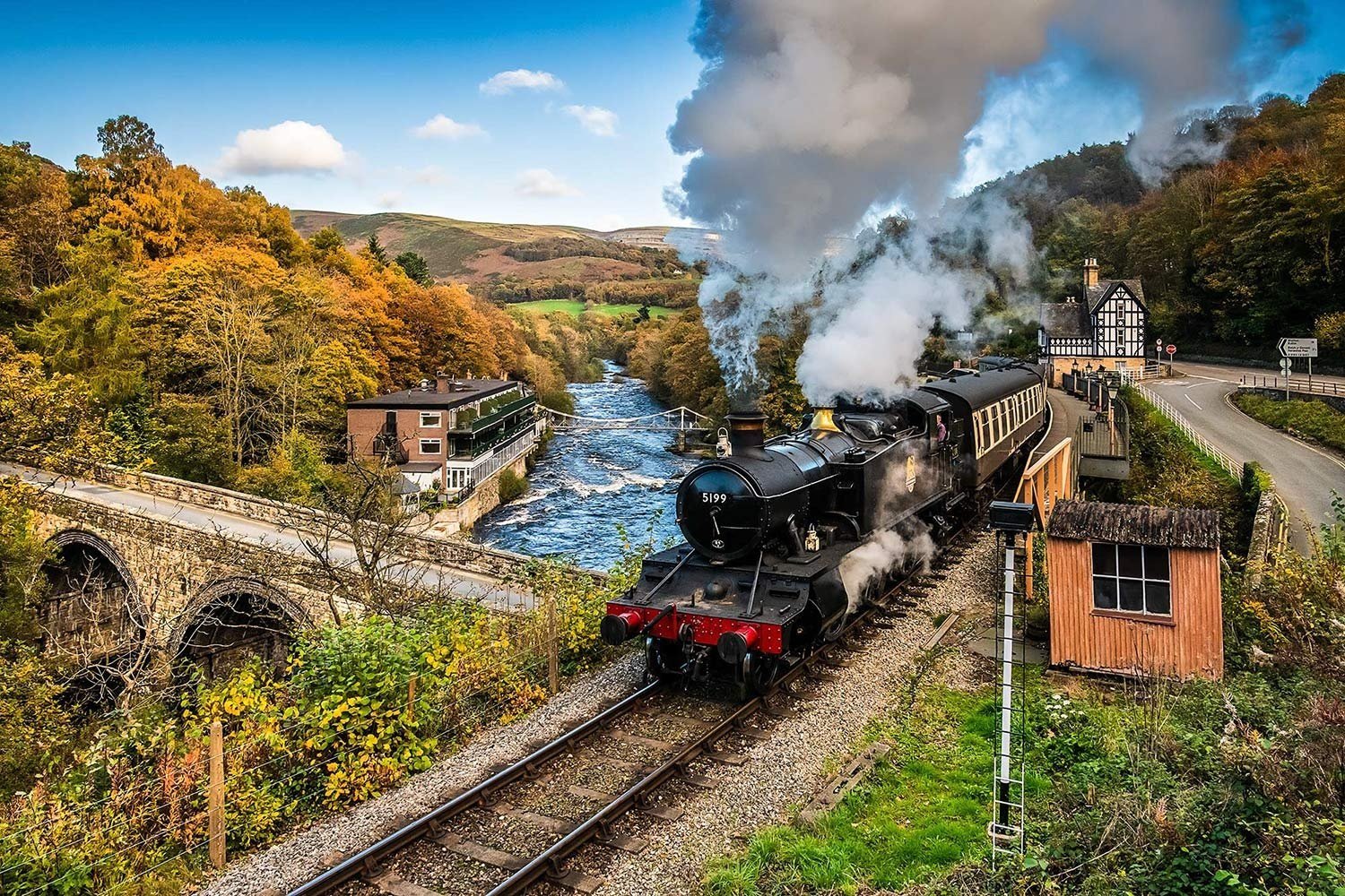 Llangollen railway steam locomotive at Berwyn station near the Chainbridge hotel