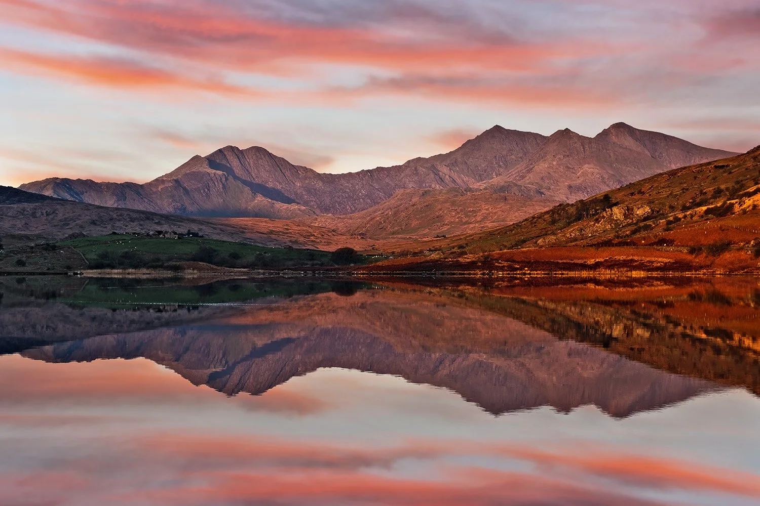 Stunning sunrise reflections of Yr Wyddfa Snowdon.