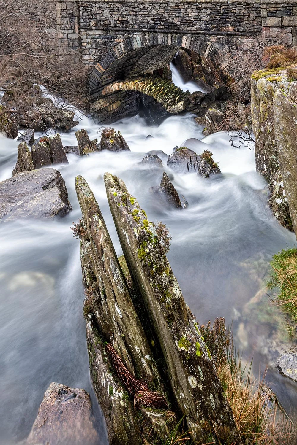 ogwen falls and ancient pont-pen-y-benglog packhorse bridge.
