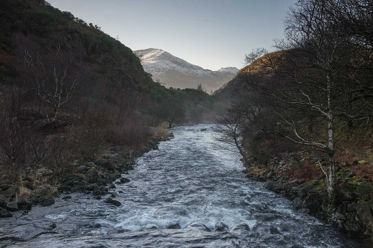 Looking down the Afon Glaslyn in winter, the return route to Beddgelert