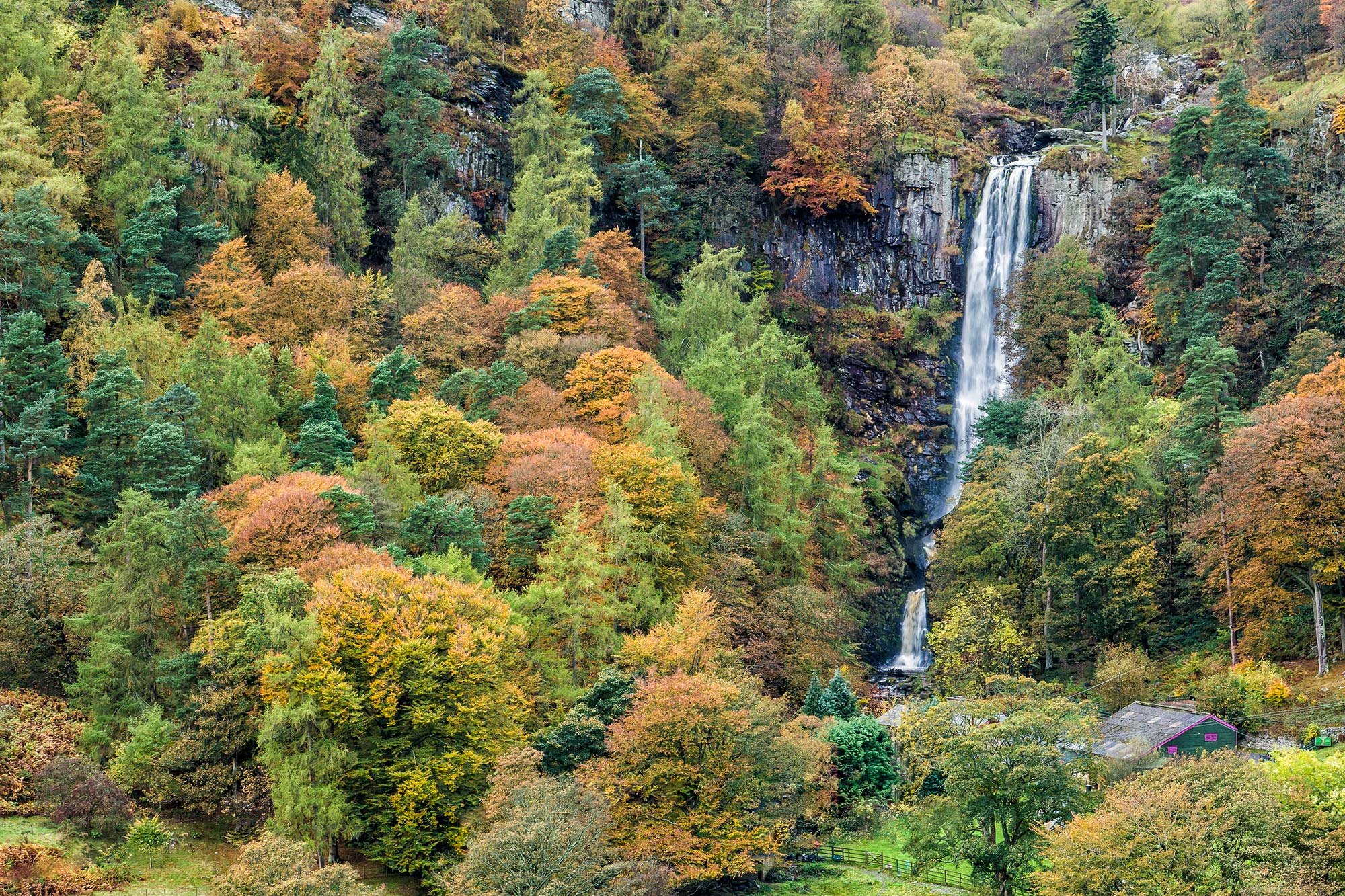 Pistyll Rhaeadr waterfall in the Berwyn mountains during autumn