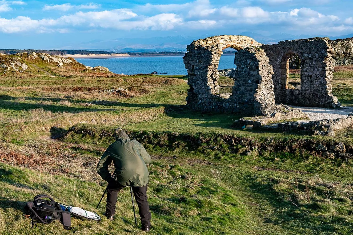 Photographing the ruins of St Dwynwen's Church on Llanddwyn Island.