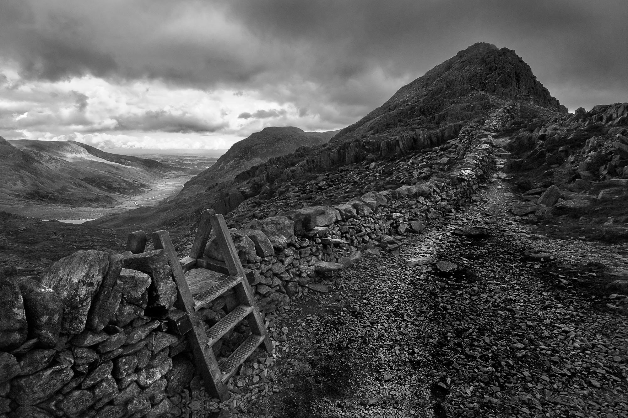 Tryfan from Bwlch Tryfan on a moody morning hike amongst the Glyderau mountains in Eryri Snowdonia