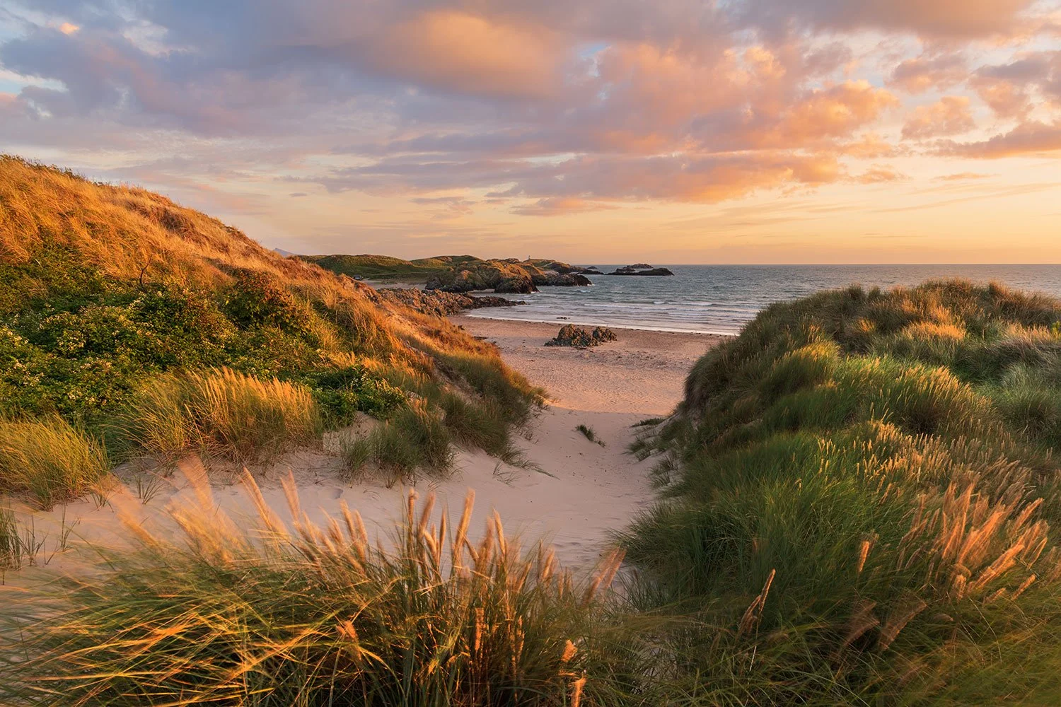 sunset on Llanddwyn Island from the dunes on Newborough beach.