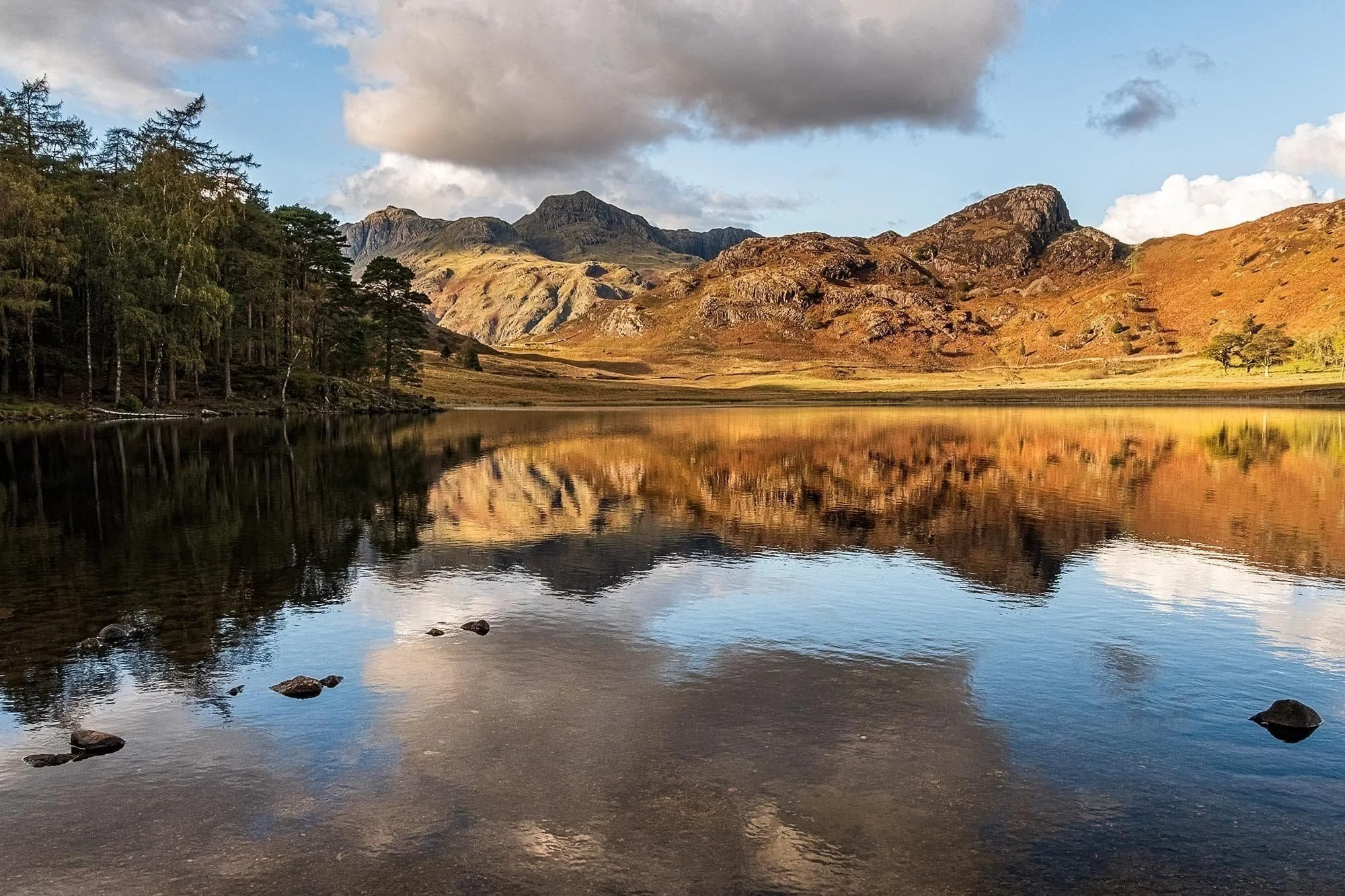 Autumn reflections of the Langdale Pikes on Blea tarn