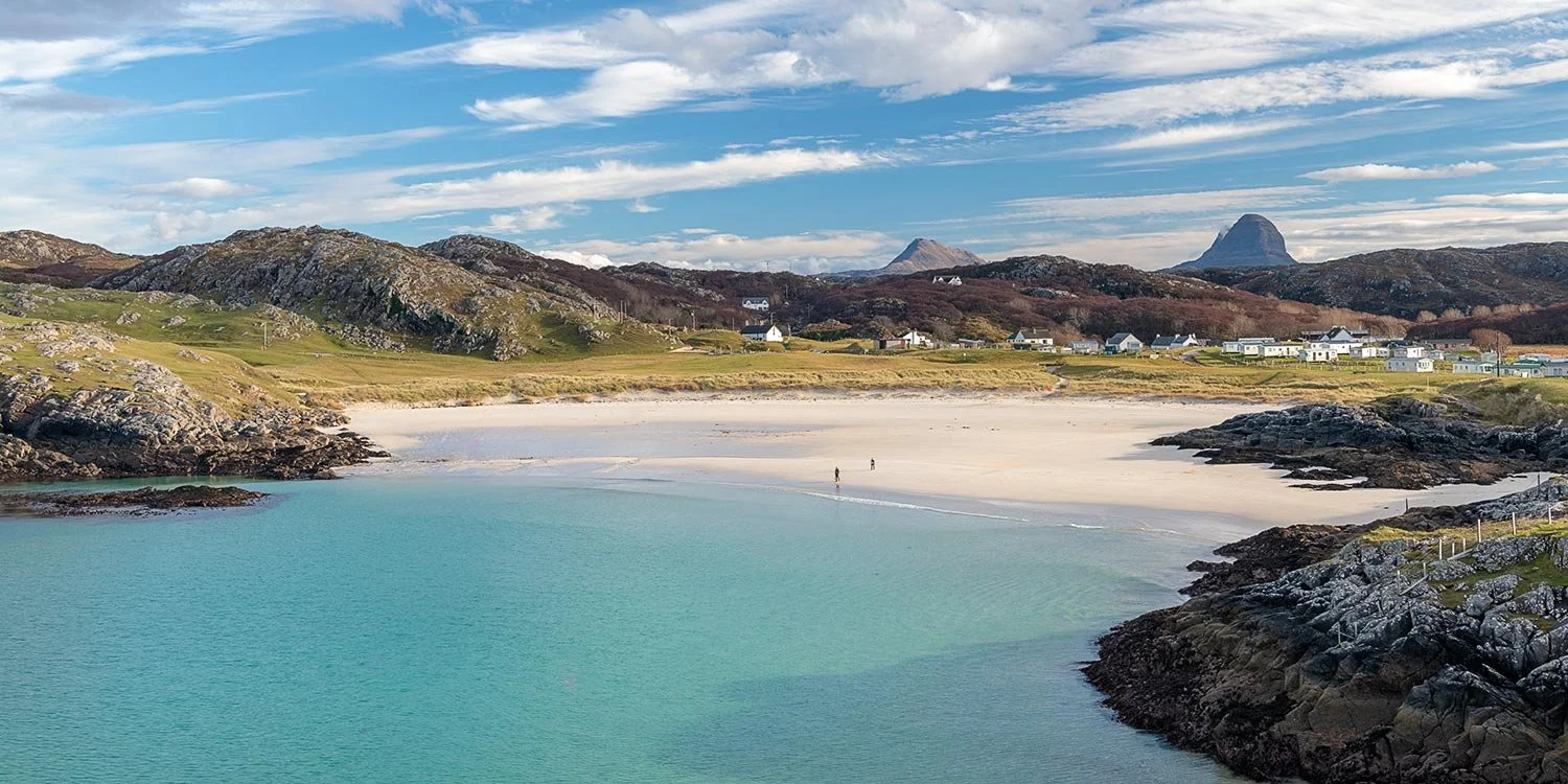 The beautiful views of the Assynt mountaian from Achmelvich beach.