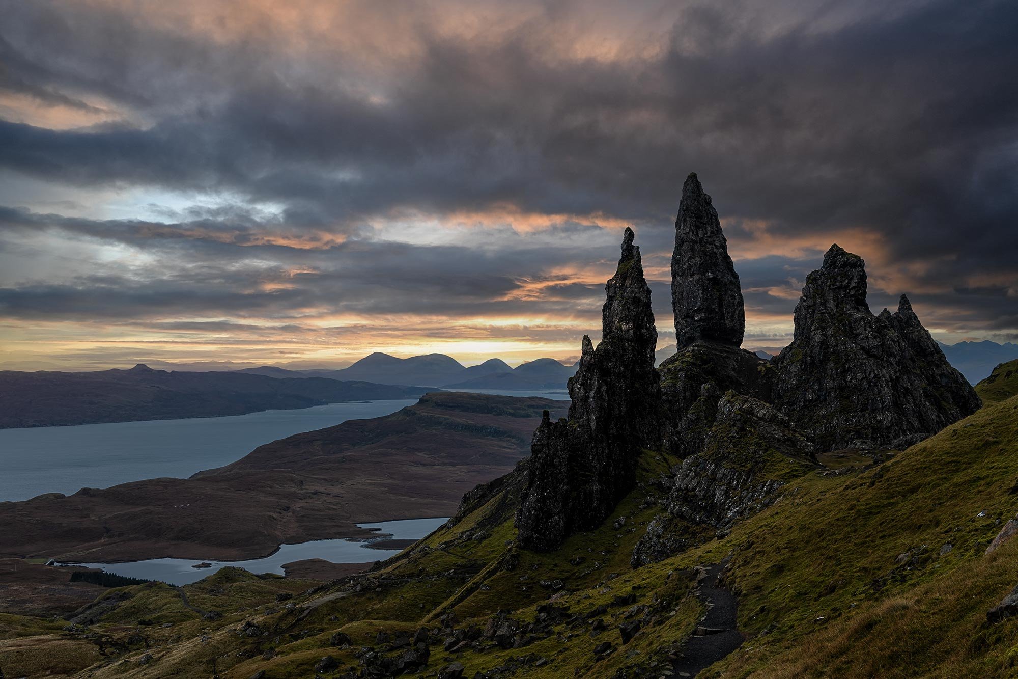 The first light of dawn at the Old Man of Storr on the Isle of Skye