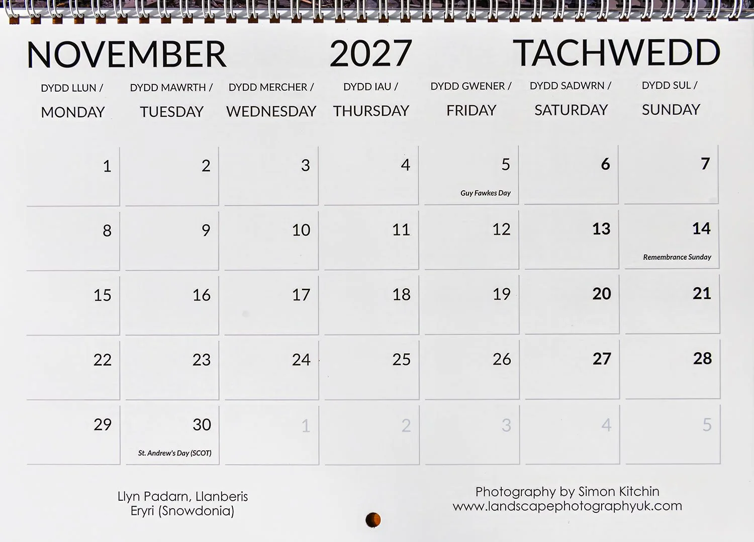 An inside page of the 2027 North Wales Calendar.