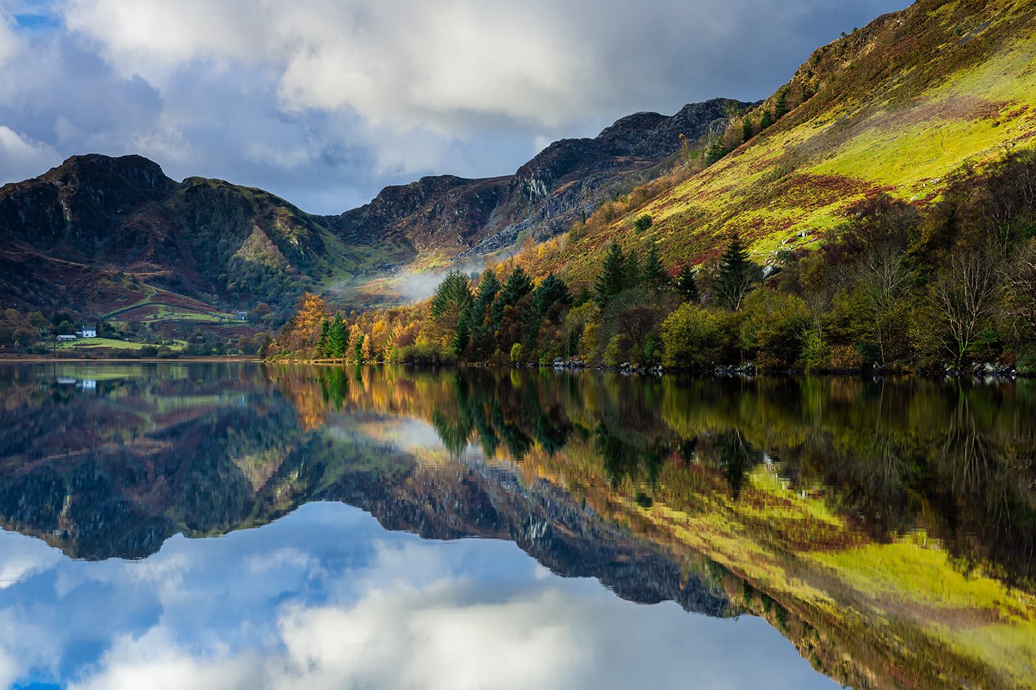 Beautiful autumn reflections at Llyn Crafnant in Eryri Snowdonia National Park.
