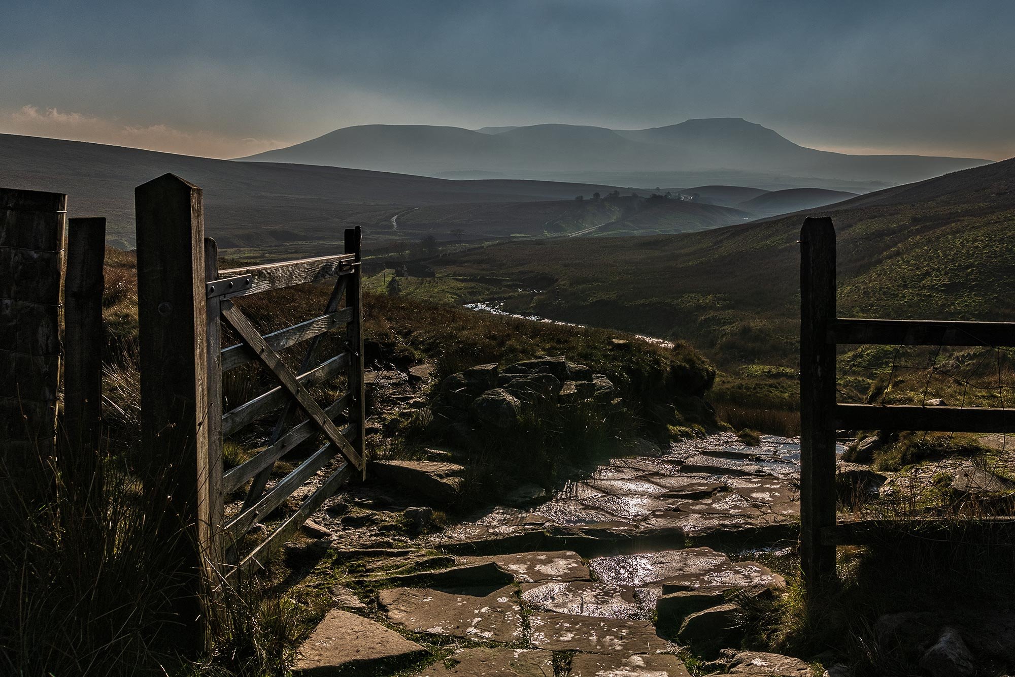 The three Peaks of the Yorkshire Dales: Looking across to Ingleborough from Whernside