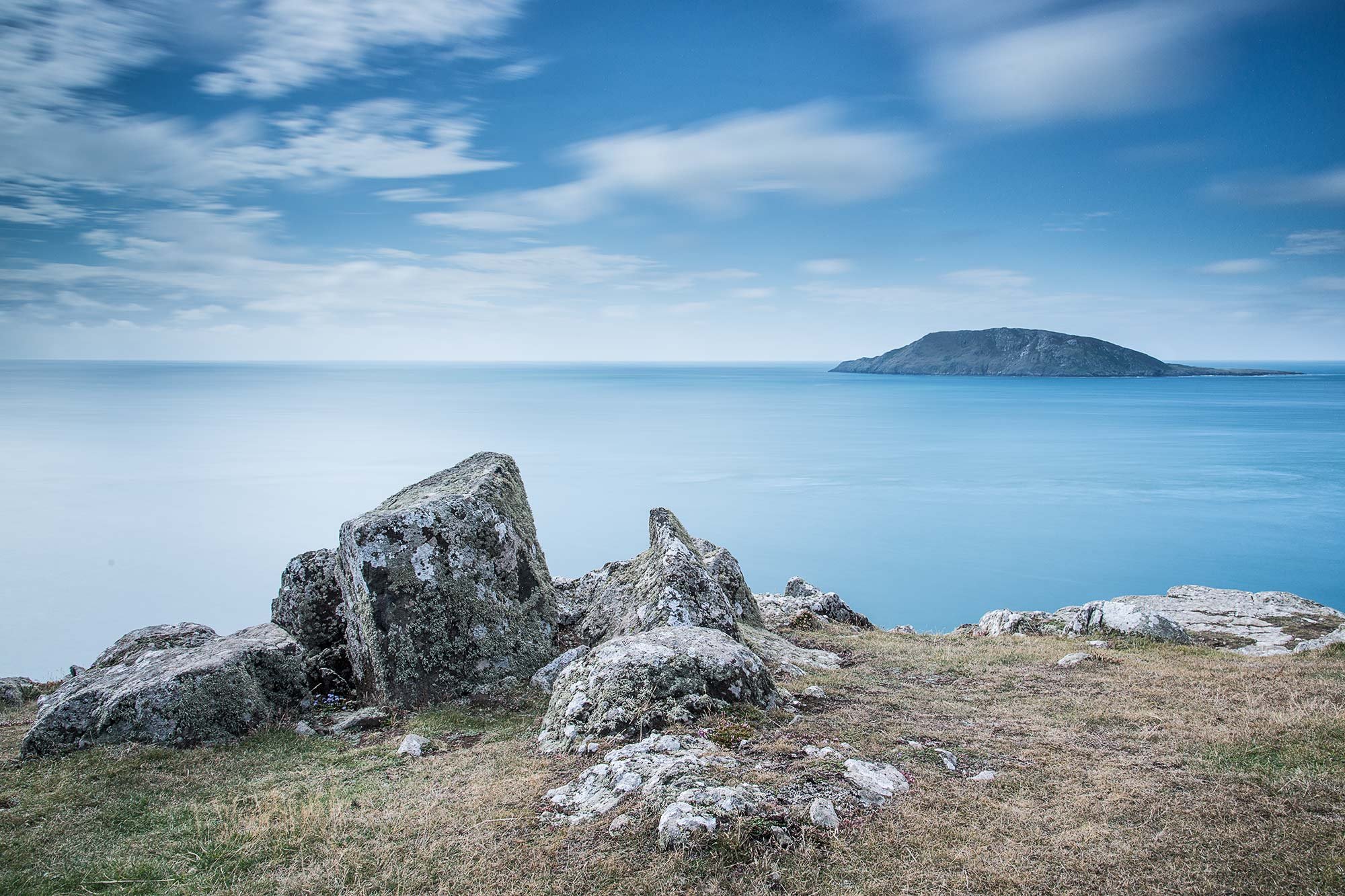Looking across to Bardsey island from Pen Y Cil on the Llŷn Peninsula the