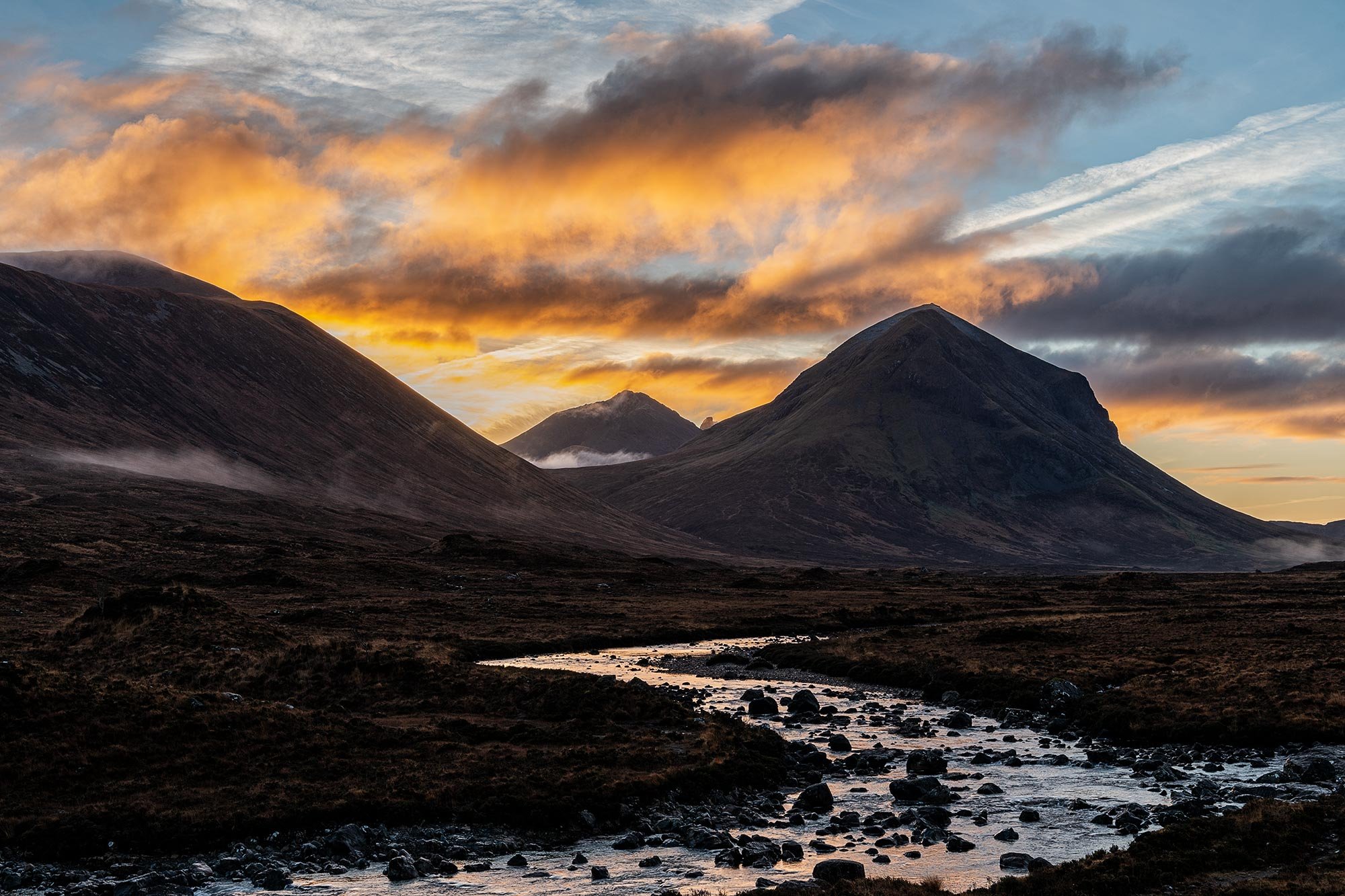 Sunrise and some amazing light on the Red Cuillin mountain range at Sligachan