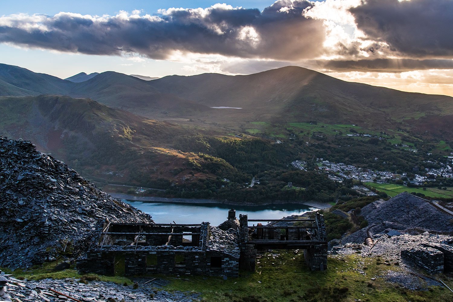 looking across Llyn Peris to the Yr Wyddfa mountain range from Dinorwig quarry
