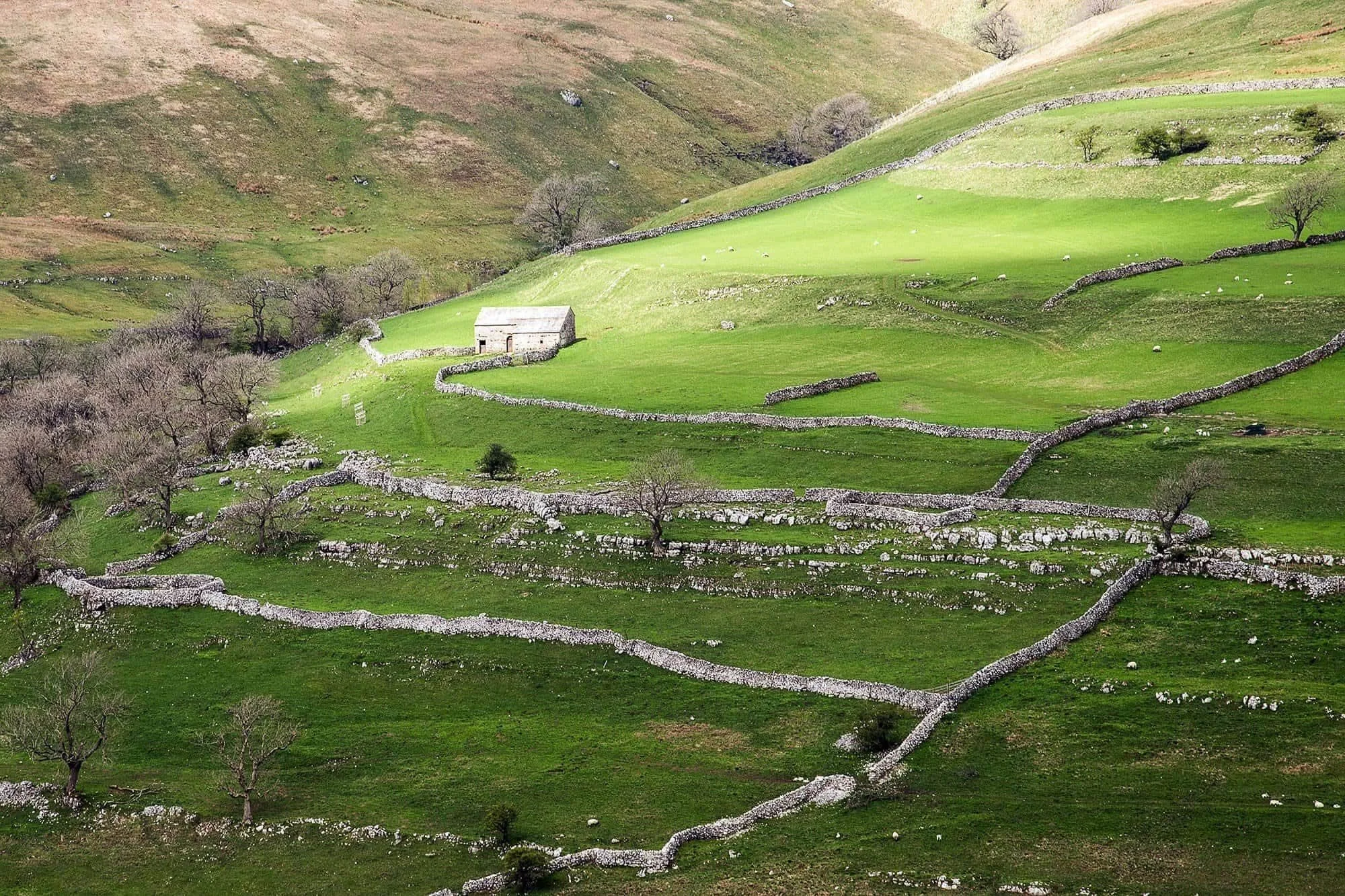 Beautiful sunlight on the hills above the village of Hubberholme, Yorkshire Dales.