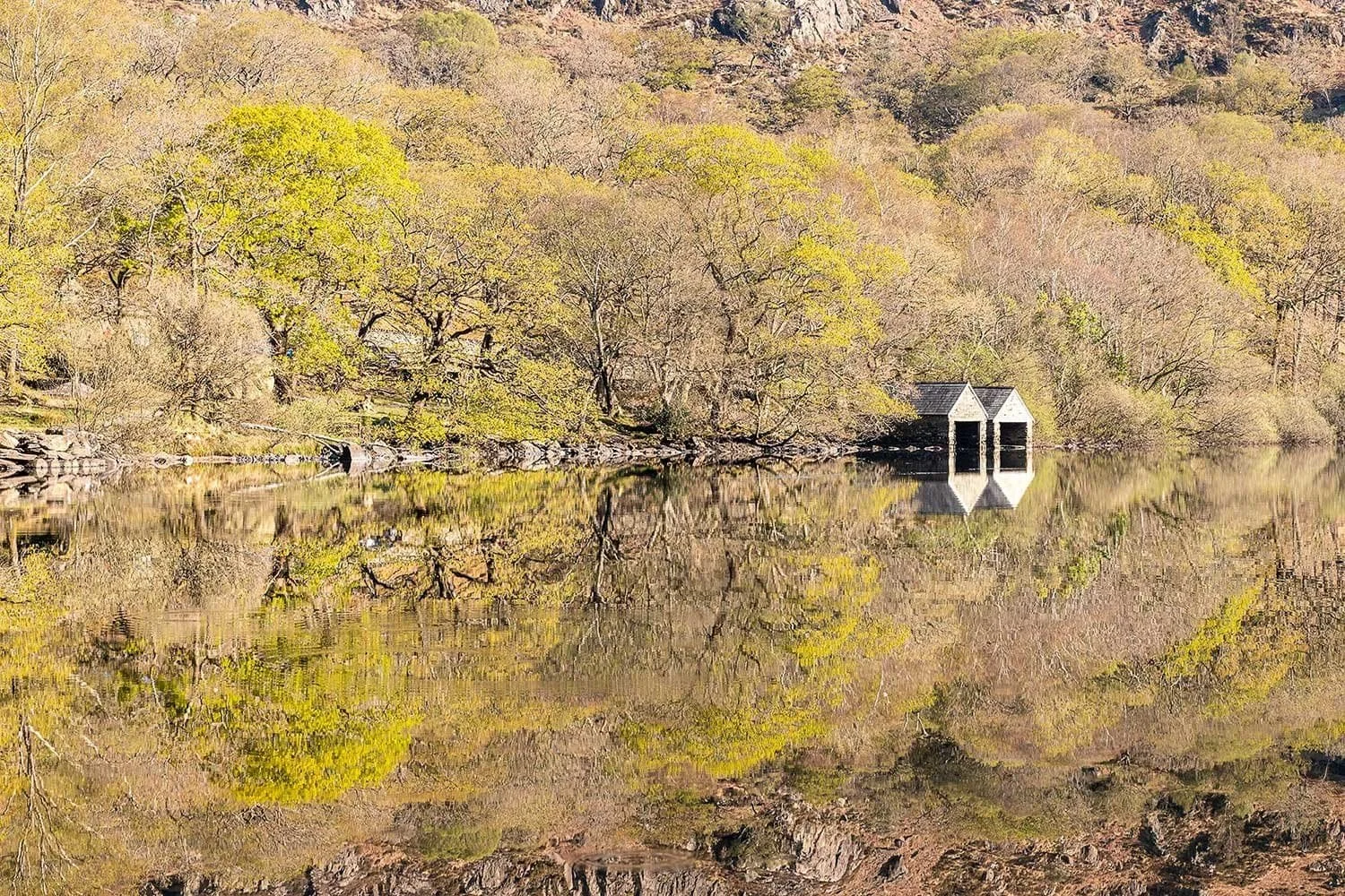 Beautiful woodland colours surround the boathouses on Llyn Dinas