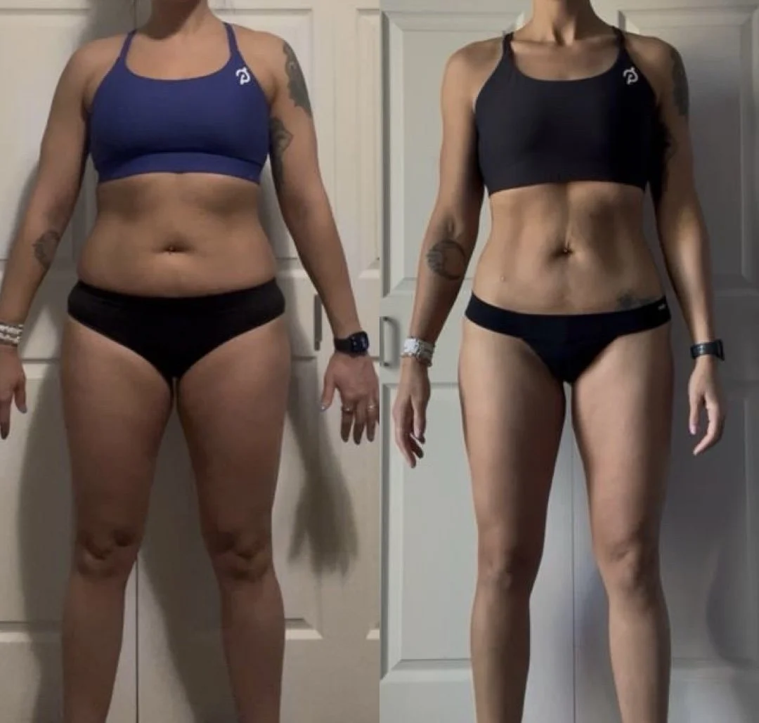 Side-by-side comparison photo of a woman showing before and after fitness transformation, with visible weight loss and muscle definition.
