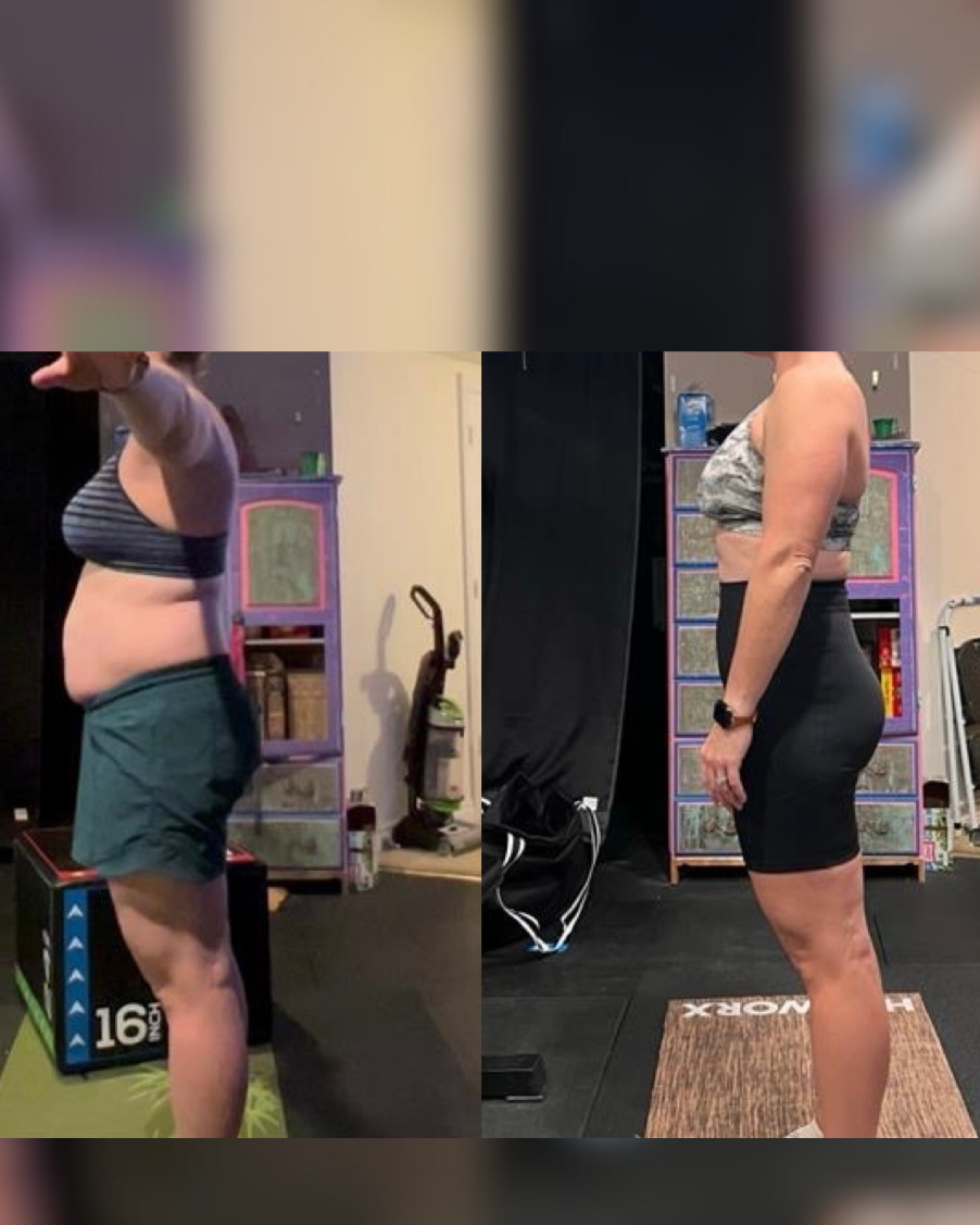 Side-by-side comparison of two women showing weight loss progress. The woman on the left has a larger body and is wearing a striped sports bra and green shorts. The woman on the right has a slimmer figure and is wearing a gray sports bra and black sh