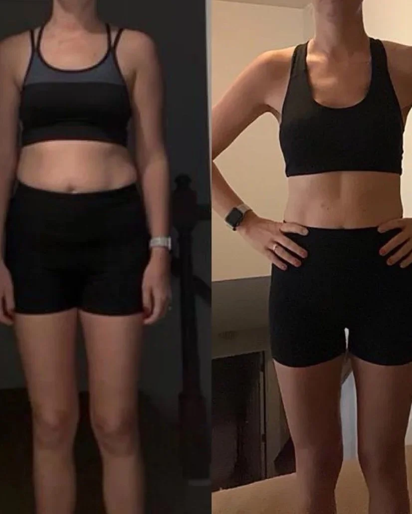 Side-by-side comparison photos of a woman in athletic wear, showing noticeable physical transformation.