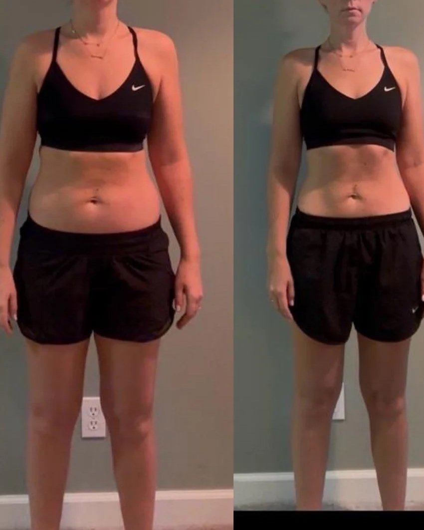Side-by-side comparison showing a woman's fitness transformation, with the left image depicting her before and the right image after. She's wearing a black sports bra and black shorts in both images.