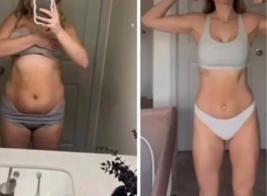 Side-by-side photos of a woman taking mirror selfies in a bathroom, showing before and after weight loss transformation.