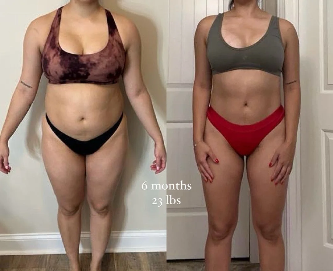 Side-by-side comparison of a woman before and after losing 23 pounds over 6 months. In the 'before' photo, she is wearing a maroon and black sports bra and black underwear, with a fuller figure. In the 'after' photo, she is wearing a gray sports bra 