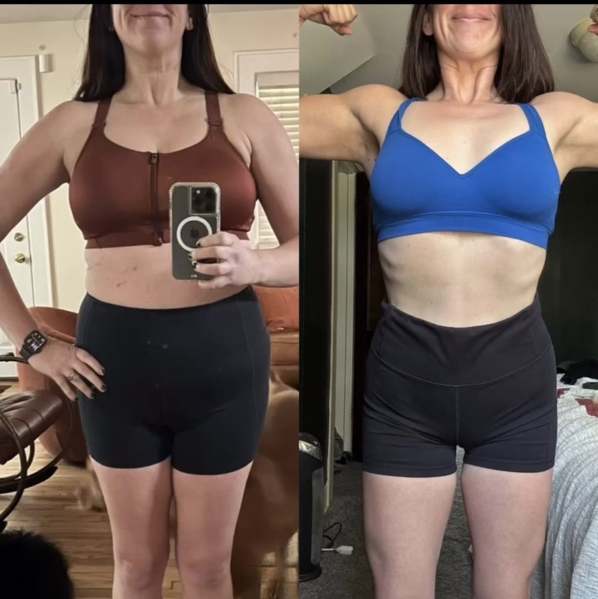 Side-by-side comparison of a woman before and after fitness transformation, showing increased muscle definition and lower body fat.