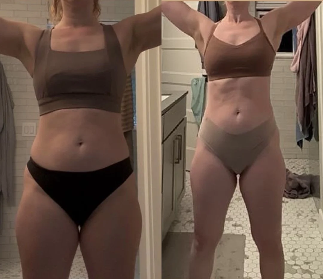 Comparison of a woman before and after fitness transformation, showing weight loss and toned physique.