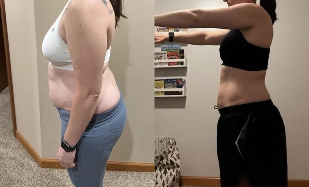 Side-by-side comparison photo of a woman showing weight loss progress, with a before photo on the left and an after photo on the right.