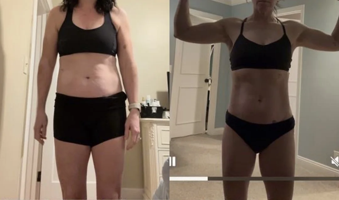 Side-by-side comparison of two women showing physical transformation, both wearing black sports bras and shorts, with a noticeable difference in body tone and muscle definition.