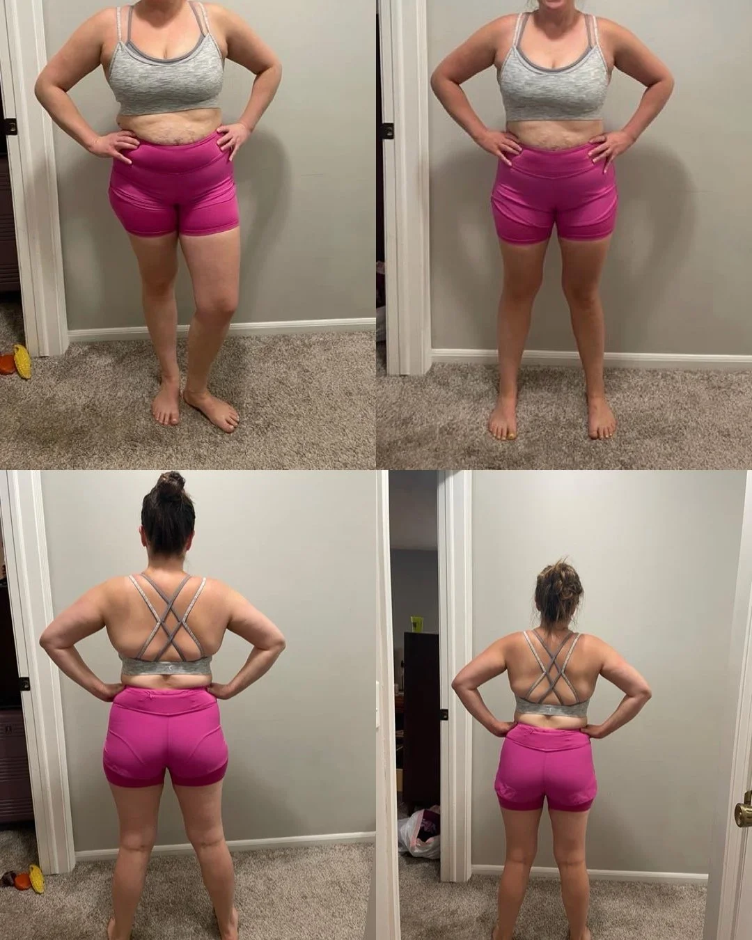 Comparison of a woman's in-progress fitness transformation, showing front and back views before and after workout progress