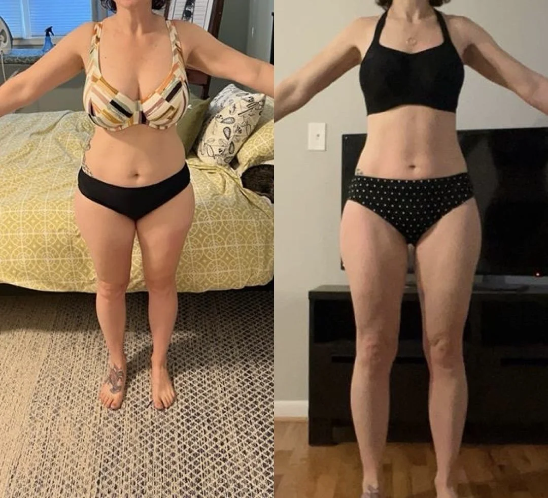 Side-by-side comparison of a woman before and after weight loss, wearing black and patterned underwear, standing indoors.