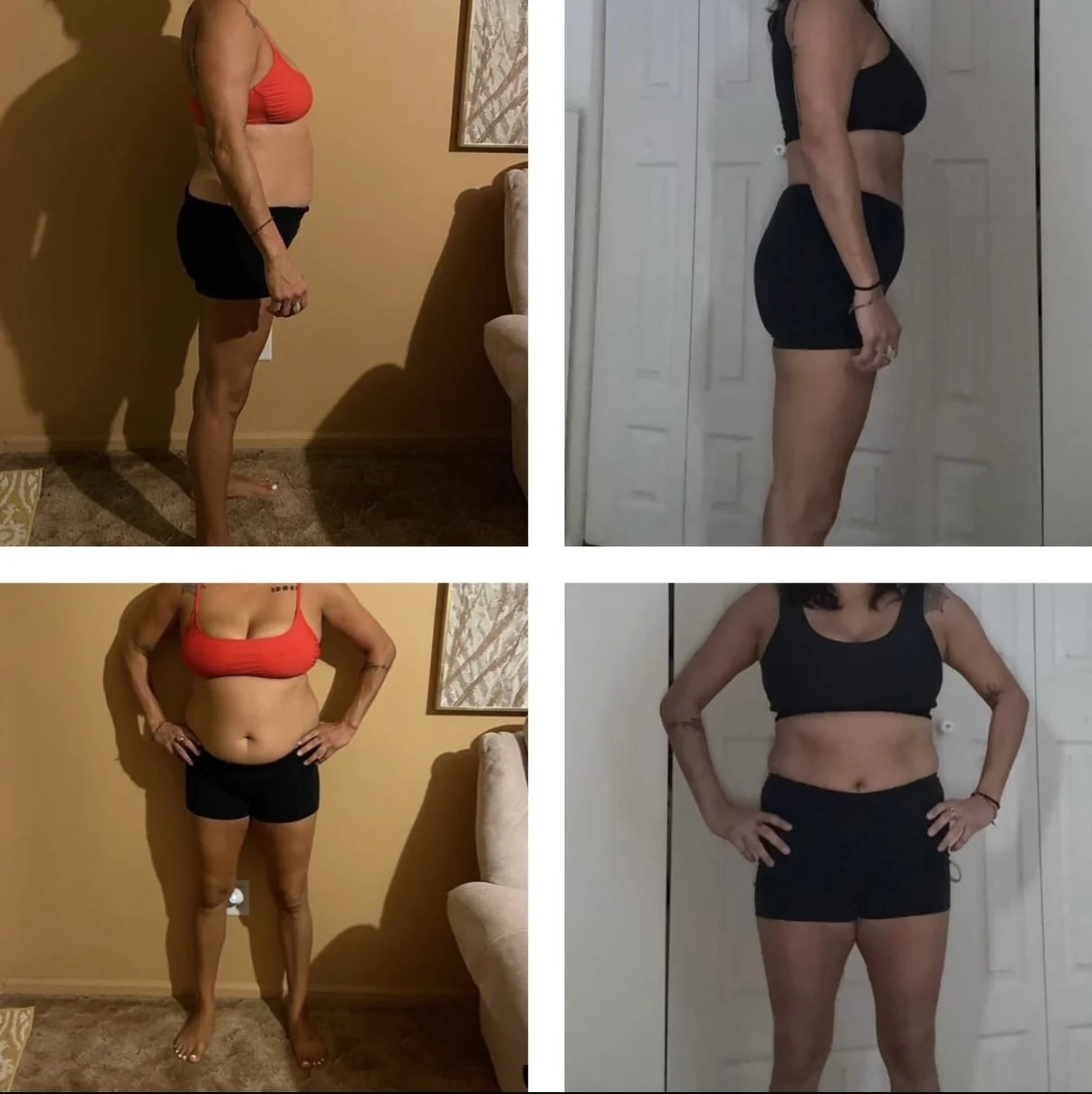 Comparison photos of a woman showing her body transformation over time. In the top left, she wears a red sports bra and black shorts, standing sideways. In the top right, she is in a black sports bra and black shorts, facing sideways. In the bottom l