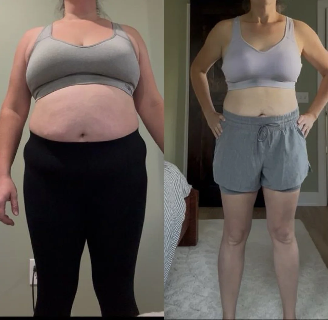 Side-by-side comparison of a woman's fitness progress, showing a before photo on the left with more body fat and an after photo on the right with a toned physique.