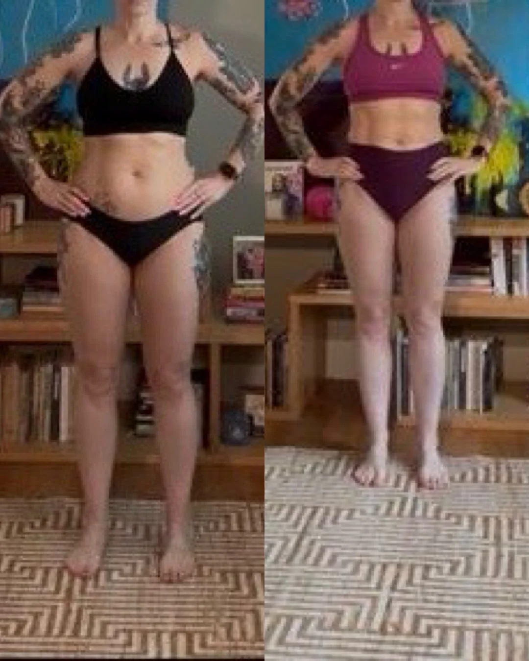 Side-by-side comparison of a woman before and after weight loss, wearing black and purple sports bras with matching underwear, standing in front of a bookshelf in a room with a patterned rug.