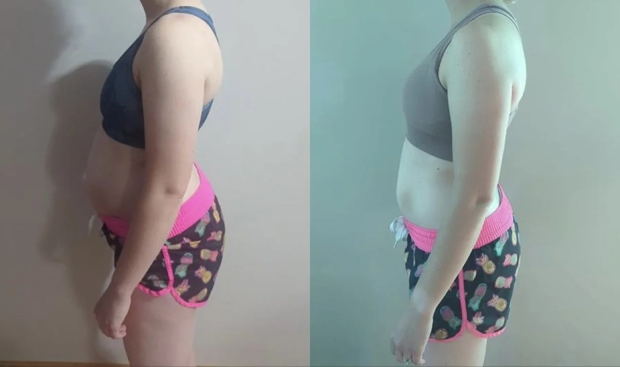 Side-by-side comparison of a woman's physique before and after weight loss, wearing workout clothes, standing against a plain wall.