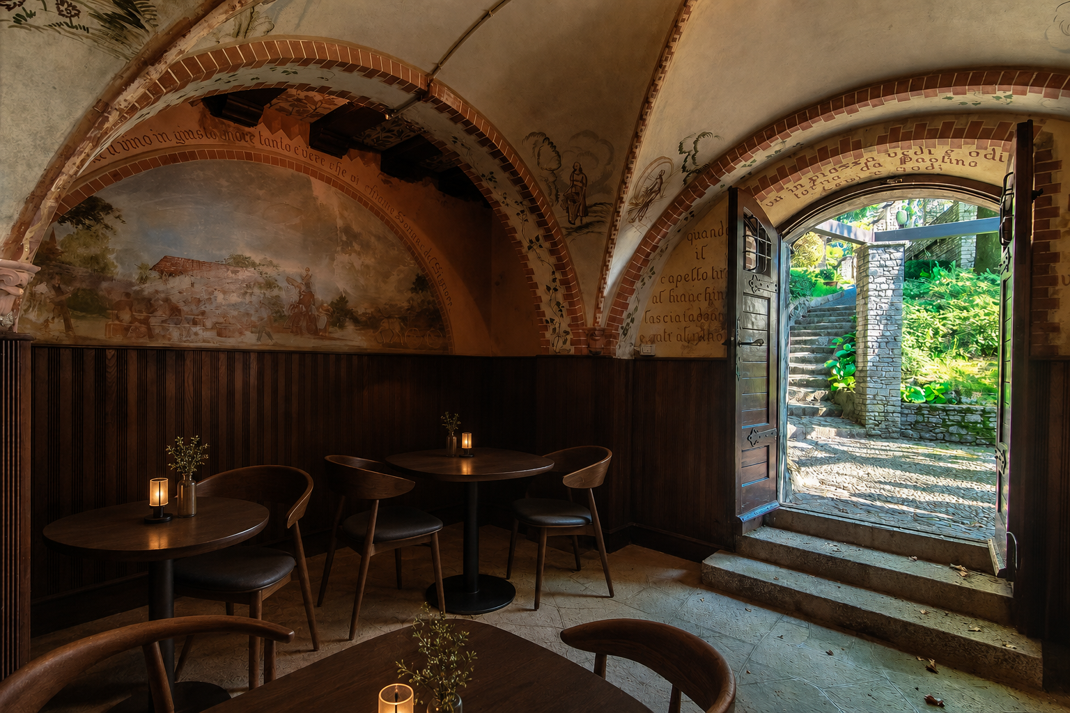 Interior of a cozy restaurant with wooden tables and chairs, candlelights, and a mural on the arched ceiling, with an open door revealing stone stairs and greenery outside. Speciality Coffee, Brunch & Bakery Near Me. London, Lake Como, Brunate