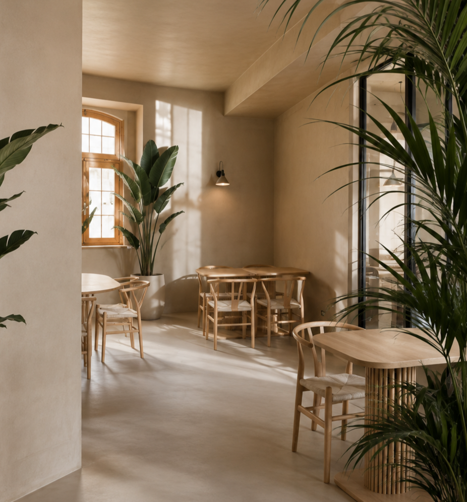 Minimalist cafe interior with wooden tables and chairs, large green plants, and soft natural lighting from windows. Speciality Coffee, Brunch & Bakery Near Me. London, Lake Como, Brighton