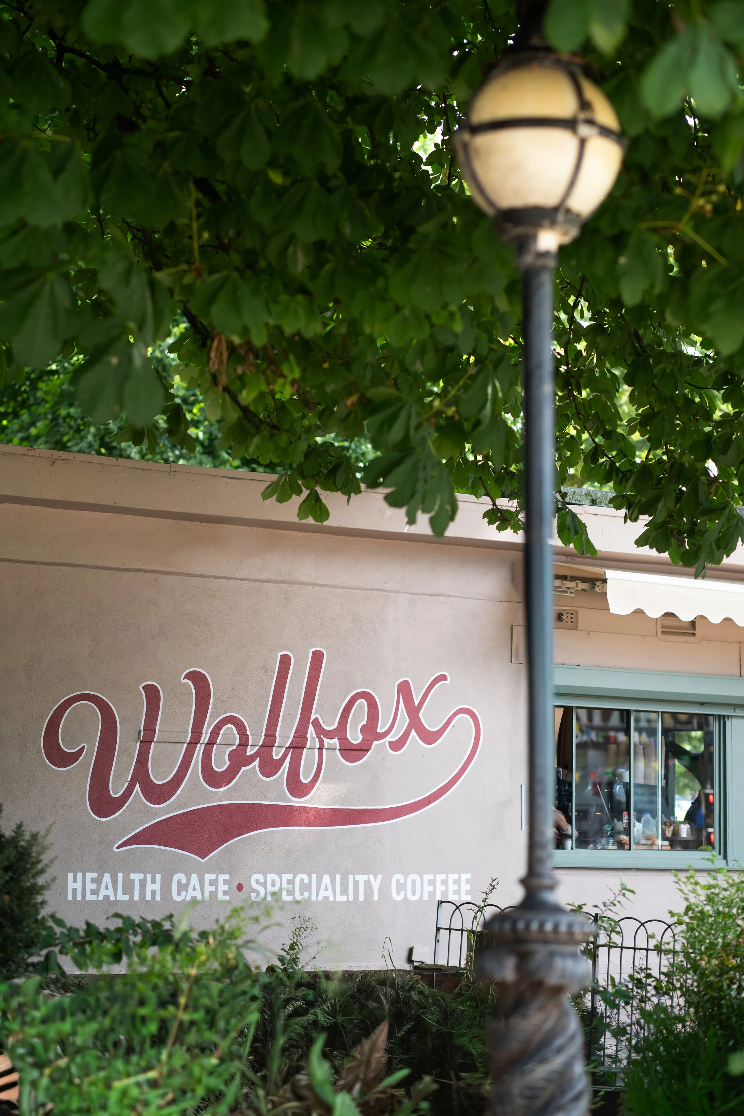 A street view showing a sign for Waffox, a health cafe and specialty coffee shop, behind green bushes and trees, with a streetlamp in the foreground and a small window displaying items inside the cafe. Speciality Coffee, Brunch & Bakery Near Me.