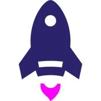 Simple graphic of a blue rocket with a pink heart-shaped flame
