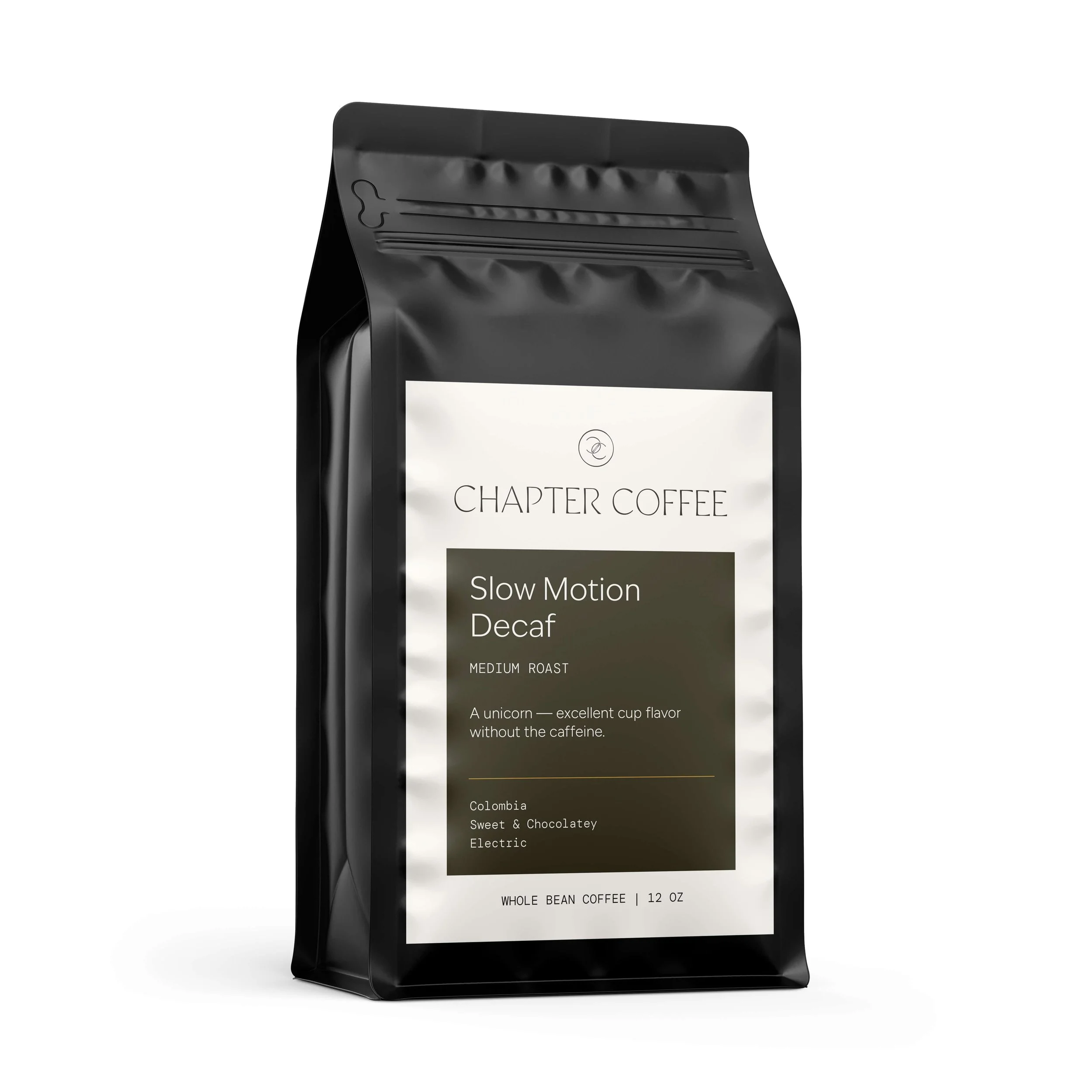 Slow Motion Decaf – medium roast decaf coffee from Chapter Coffee, smooth with chocolate and gentle citrus