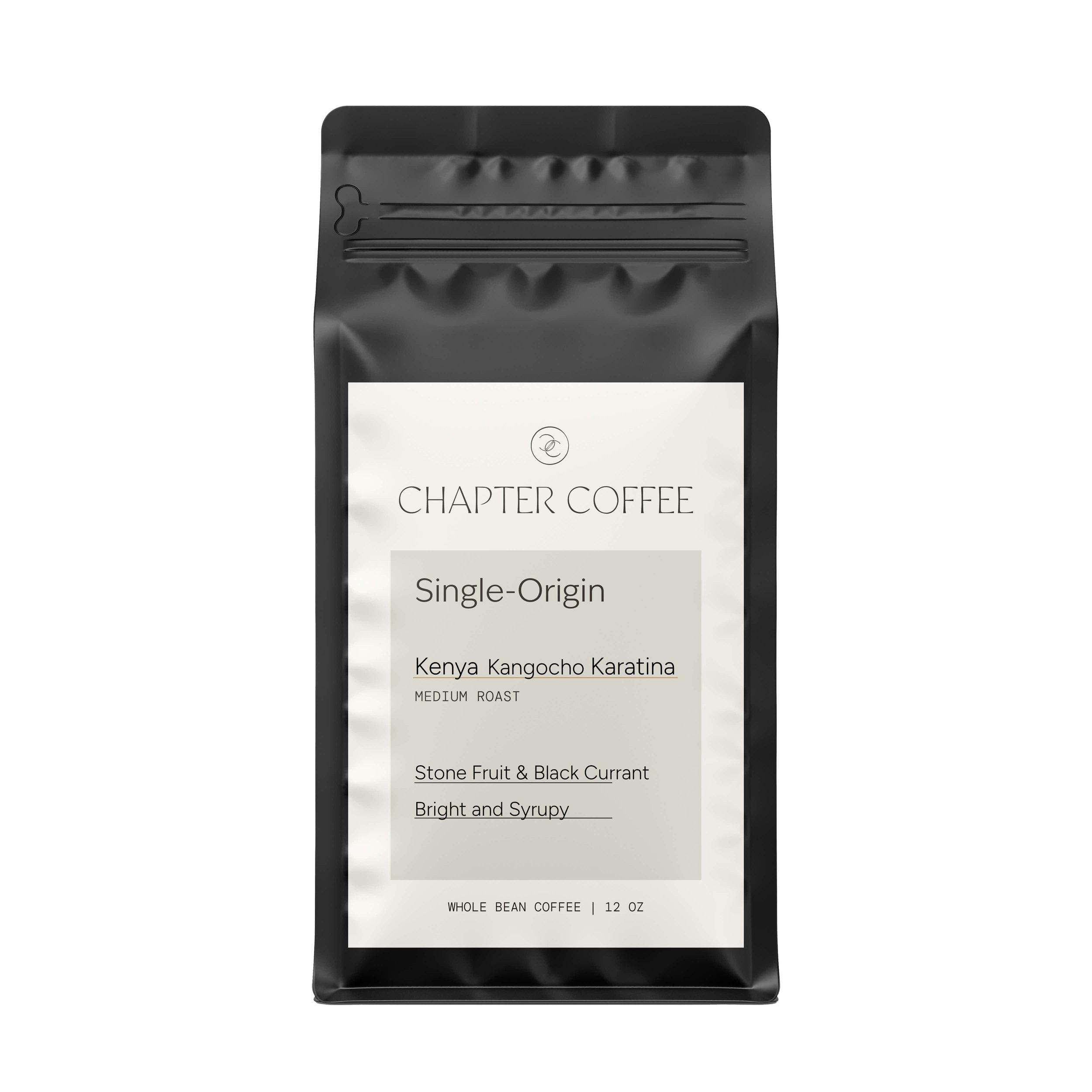 A bag of Chapter Coffee's Kangocho Karatina AAFW—Single-origin Kenyan Coffee with the label highlighting a medium roast and tasting notes of stone fruit and black currant