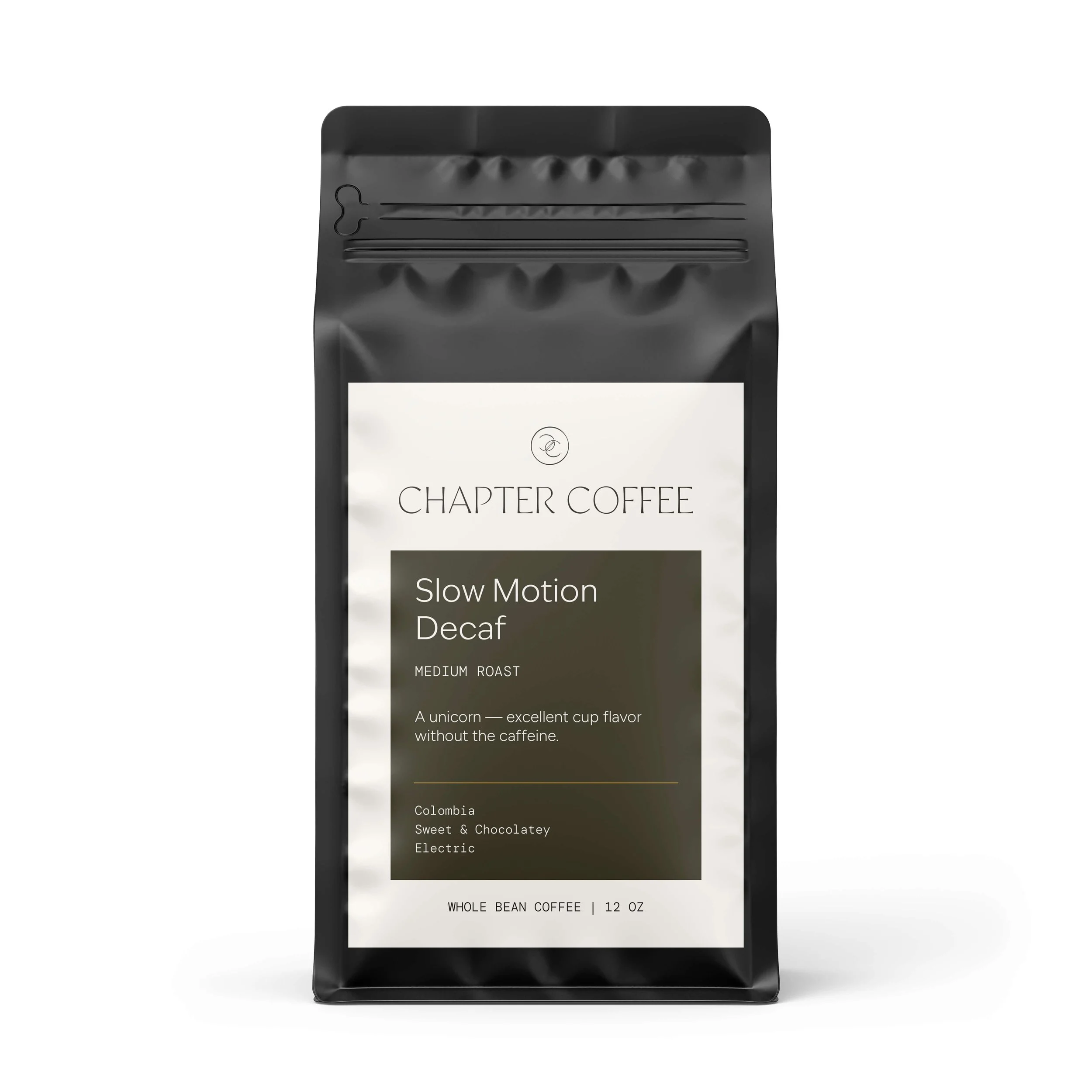 Slow Motion Decaf – medium roast decaf coffee from Chapter Coffee, smooth with chocolate and gentle citrus