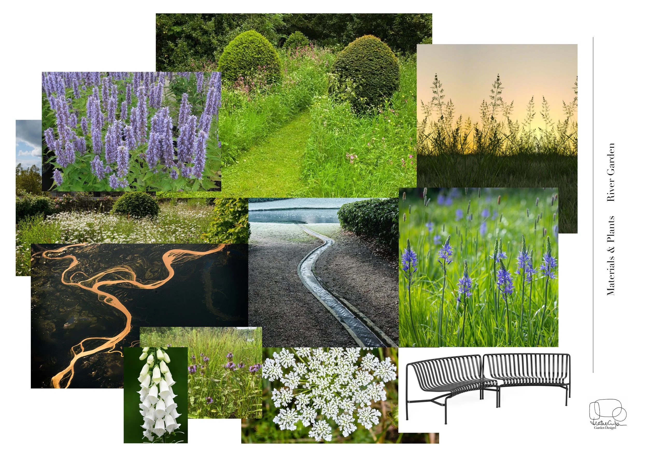 Collage of garden elements including purple flowers, green bushes, grassy field at sunset, white daisies, foxglove flower, meandering river, paved pathway with water channel, rippling water with stones, and a black outdoor bench. Text reads 'Material